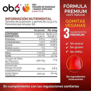 Gomitas de Vinagre de Manzana OBY | Formula 3 en 1 con Mango Africano y Acido Folico | Veganas Sin Azucar | Suplemento Alimenticio | 60 Gomitas oby.mx