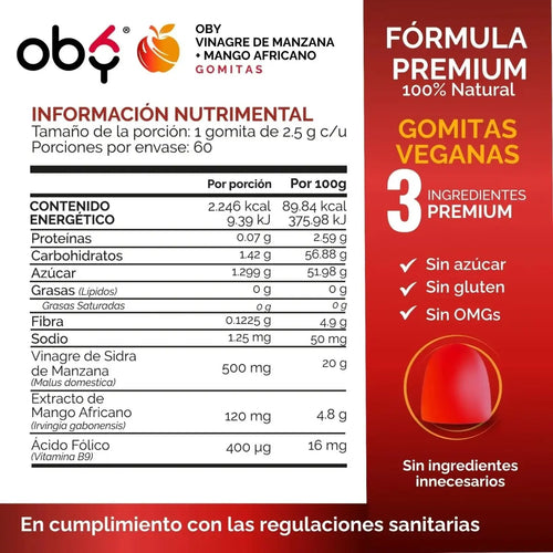 Gomitas de Vinagre de Manzana OBY | Formula 3 en 1 con Mango Africano y Acido Folico | Veganas Sin Azucar | Suplemento Alimenticio | 60 Gomitas oby.mx