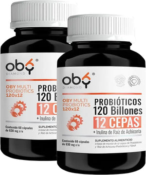 Oby MULTI Probioticos Avanzados 120 Billones 12 Cepas, Prebioticos y Fibra | 120 Cápsulas oby.mx
