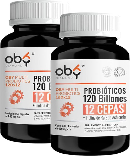 Oby MULTI Probioticos Avanzados 120 Billones 12 Cepas, Prebioticos y Fibra | 120 Cápsulas