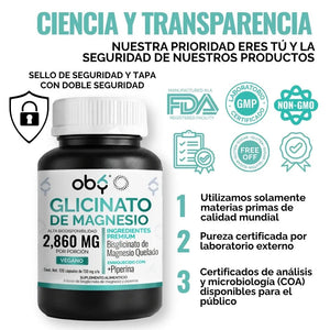 Glicinato De Magnesio | Bisglicinato Mineral Quelado + Piperina | Vitaminas Mujer y Hombre | 120 Capsulas oby.mx