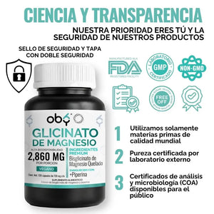 Glicinato De Magnesio | Bisglicinato Mineral Quelado + Piperina | Vitaminas Mujer y Hombre | 120 Capsulas oby.mx