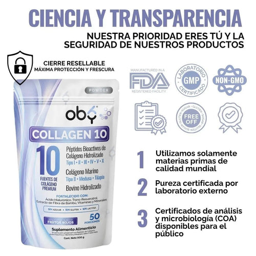 Colageno Hidrolizado 10 Tipos | OBY Collagen 10 Polvo 500g | Frutos Rojos oby.mx