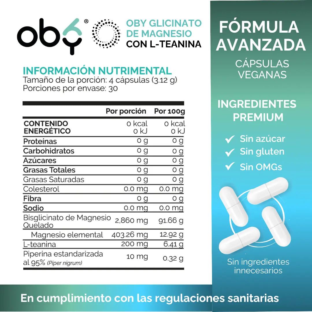 Glicinato de Magnesio con L-Teanina y Piperina | Bisglicinato Mineral Quelado + Aminoacido | 120 Capsulas OBY oby.mx
