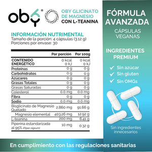 Glicinato de Magnesio con L-Teanina y Piperina | Bisglicinato Mineral Quelado + Aminoacido | 120 Capsulas OBY oby.mx