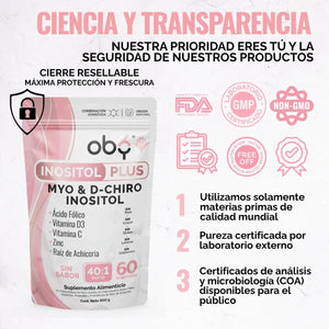 Oby Inositol Plus Myo y D-Chiro Inositol Ratio 40:1 + Acido Folico, Prebioticos, Vitaminas y Zinc | Polvo Sin Sabor oby.mx