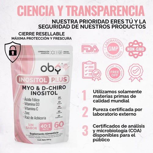 Oby Inositol Plus Myo y D-Chiro Inositol Ratio 40:1 + Acido Folico, Prebioticos, Vitaminas y Zinc | Polvo Sin Sabor oby.mx