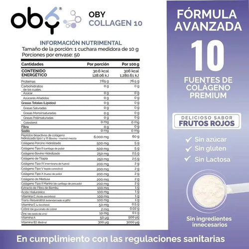 Colageno Hidrolizado 10 Tipos | OBY Collagen 10 Polvo 500g | Frutos Rojos oby.mx
