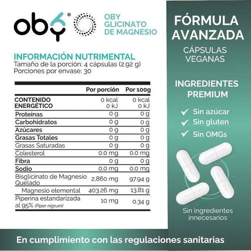 Glicinato De Magnesio | Bisglicinato Mineral Quelado + Piperina | Vitaminas Mujer y Hombre | 120 Capsulas oby.mx