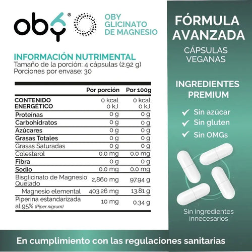 Glicinato De Magnesio | Bisglicinato Mineral Quelado + Piperina | Vitaminas Mujer y Hombre | 120 Capsulas oby.mx
