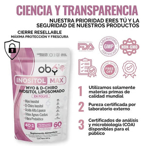 Inositol Max LIPOSOMAL - Myo y D-Chiro Inositol Ratio 40:1 + Vitex Agnus Castus + Acido Alfa Lipoico + Prebioticos | Polvo oby.mx