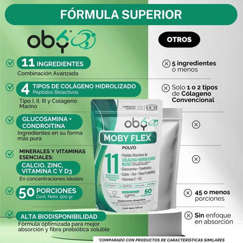 Moby Flex Colageno Hidrolizado Blend (Tipo I, II ,III y marino) + Glucosamina y Condroitina | fortalecido Calcio, Zinc, Vitamina D3 y C | 11 Ingredientes Naturales | Alta Biodisponibilidad | 500g Sin Sabor oby.mx