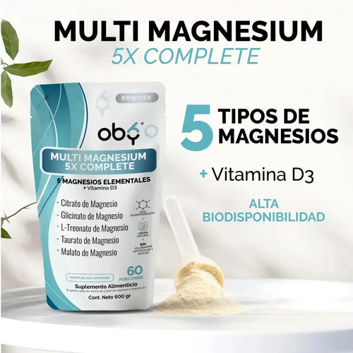 Oby Multi Magnesio Polvo 5X Complete 600 gr | 5 tipos de Magnesios + Vitamina D3 | Citrato y Glicinato oby.mx
