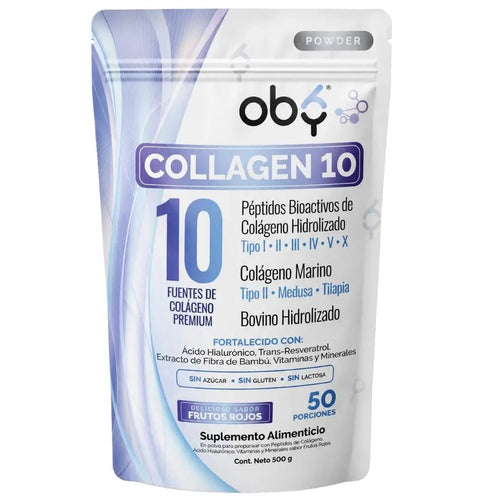 Colageno Hidrolizado 10 Tipos | OBY Collagen 10 Polvo 500g | Frutos Rojos oby.mx