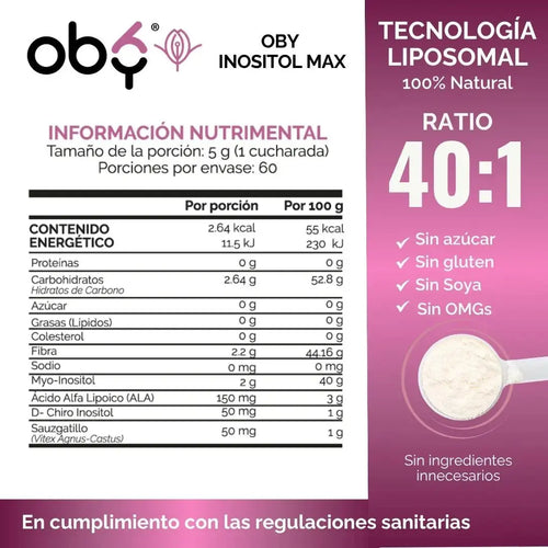 Inositol Max LIPOSOMAL - Myo y D-Chiro Inositol Ratio 40:1 + Vitex Agnus Castus + Acido Alfa Lipoico + Prebioticos | Polvo oby.mx
