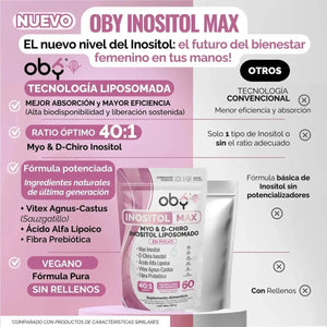 Oby Inositol Max LIPOSOMAL - Myo y D-Chiro Inositol Ratio 40:1 + Vitex Agnus Castus + Acido Alfa Lipoico + Prebioticos | Polvo oby.mx