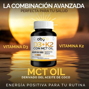 Vitamina D3 + K2 con MCT Oil | 120 Cápsulas (Softgels) oby.mx
