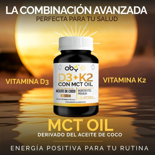 Vitamina D3 + K2 con MCT Oil | 120 Cápsulas (Softgels) oby.mx