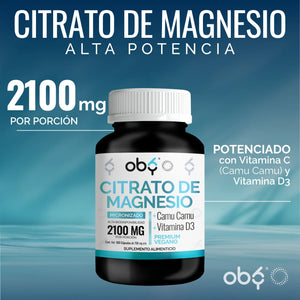 Citrato Magnesio Micronizado 2100mg + Camu Camu, Vitamina C Y D3 | Suplemento Alimenticio Oby Vitaminas Mujer Hombre | Magnesio Complex | 180 Capsulas oby.mx