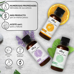 Kit Aceites Esenciales 3Pack: Lavanda, Menta, Naranja | OBY Mood Sensations | Tamaño Extra grande 50 ml cada uno oby.mx