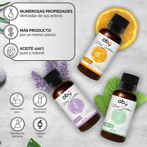 Kit Aceites Esenciales 3Pack: Lavanda, Menta, Naranja | OBY Mood Sensations | Tamaño Extra grande 50 ml cada uno oby.mx