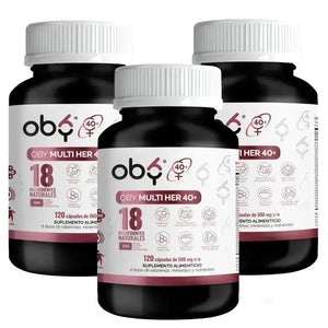 OBY MULTI HER +40 AÑOS. Multivitaminico MUJER, 18 ingredientes: Isoflavonas de Soya, Onagra, Ñame, Vitaminas y Minerales. 120 caps. MENO & PRE-MENO oby.mx