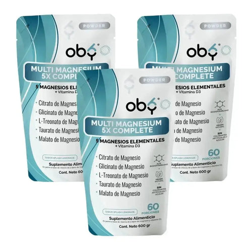 Oby Multi Magnesio Polvo 5X Complete 600 gr | 5 tipos de Magnesios + Vitamina D3 | Citrato y Glicinato oby.mx