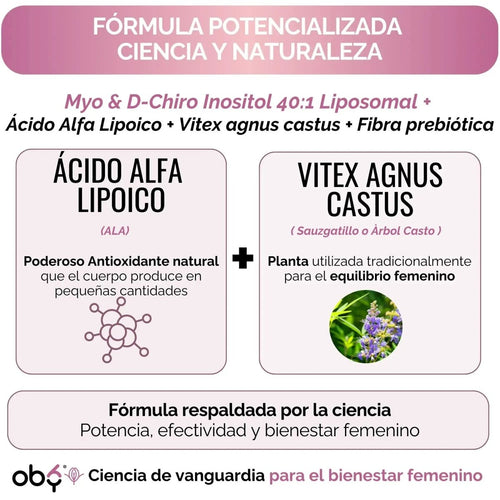 Oby Inositol Max LIPOSOMAL - Myo y D-Chiro Inositol Ratio 40:1 + Vitex Agnus Castus + Acido Alfa Lipoico + Prebioticos | Polvo oby.mx