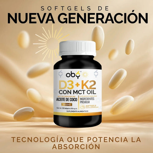 Vitamina D3 + K2 con MCT Oil | 120 Cápsulas (Softgels) oby.mx