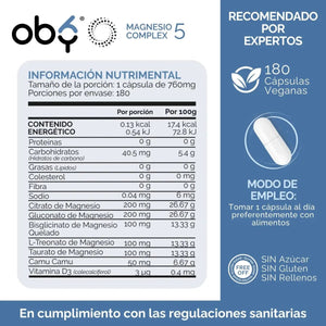 Oby 5 Magnesio Complex 180 capsulas 760mg oby.mx