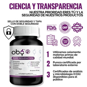 Resveratrol Puro con Semilla de Uva Roja 120 cápsulas oby.mx
