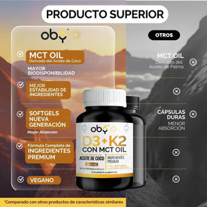 Vitamina D3 + K2 con MCT Oil | 120 Cápsulas (Softgels) oby.mx