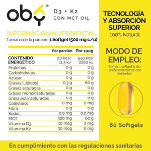 OBY Vitamina D3 + K2 con MCT Oil | 60 Cápsulas (Softgels) $̶3̶8̶9̶.̶0̶0̶ oby.mx
