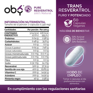 Resveratrol Puro con Semilla de Uva Roja 60 cápsulas oby.mx
