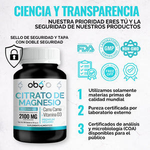Citrato Magnesio Micronizado 2100mg + Camu Camu, Vitamina C Y D3 | Suplemento Alimenticio Oby Vitaminas Mujer Hombre | Magnesio Complex | 180 Capsulas oby.mx