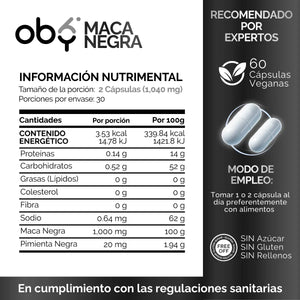 Maca Negra Peruana Orgánica 60 cápsulas oby.mx