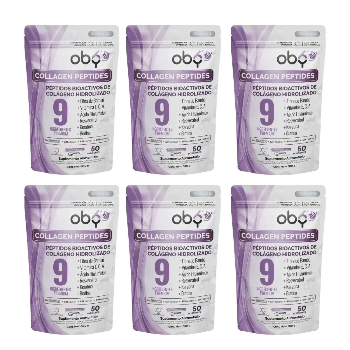 Pack de 6 Pouch: OBY Colageno Hidrolizado Puro Polvo Sin sabor 500 gr | con Acido Hialuronico, Vitaminas, Biotina, Keratina, Resveratrol y Fibra Bambu Fast Bundle