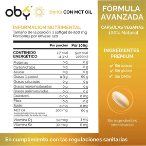 Vitamina D3 + K2 con MCT Oil | 120 Cápsulas (Softgels) oby.mx