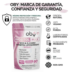 Oby Inositol Max LIPOSOMAL - Myo y D-Chiro Inositol Ratio 40:1 + Vitex Agnus Castus + Acido Alfa Lipoico + Prebioticos | Polvo oby.mx