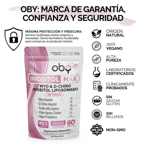 Oby Inositol Max LIPOSOMAL - Myo y D-Chiro Inositol Ratio 40:1 + Vitex Agnus Castus + Acido Alfa Lipoico + Prebioticos | Polvo oby.mx