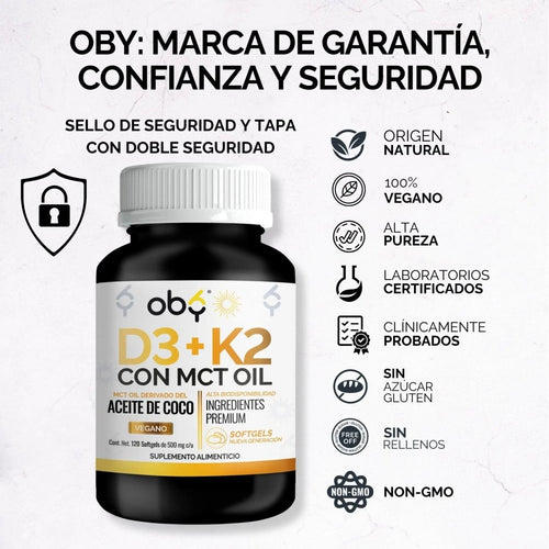 Vitamina D3 + K2 con MCT Oil | 120 Cápsulas (Softgels) oby.mx
