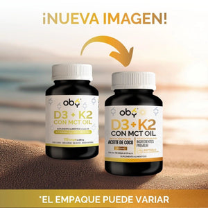 Vitamina D3 + K2 con MCT Oil | 120 Cápsulas (Softgels) oby.mx