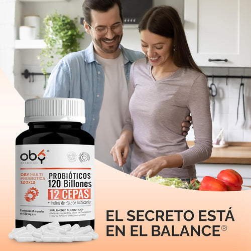 Oby MULTI Probioticos Avanzados 120 Billones 12 Cepas, Prebioticos y Fibra | 120 Cápsulas