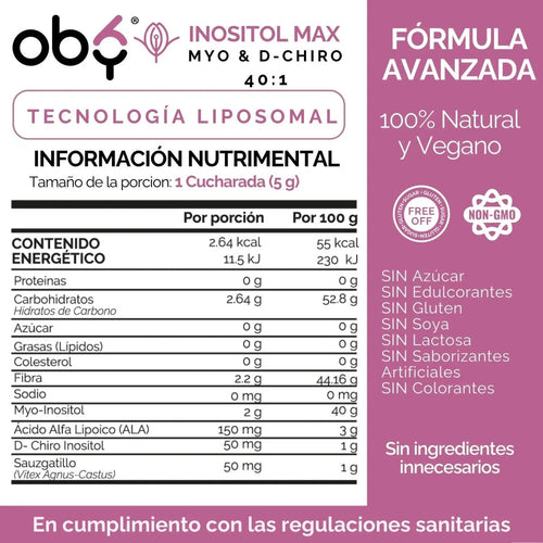 Oby Inositol Max LIPOSOMAL - Myo y D-Chiro Inositol Ratio 40:1 + Vitex Agnus Castus + Acido Alfa Lipoico + Prebioticos | Polvo oby.mx