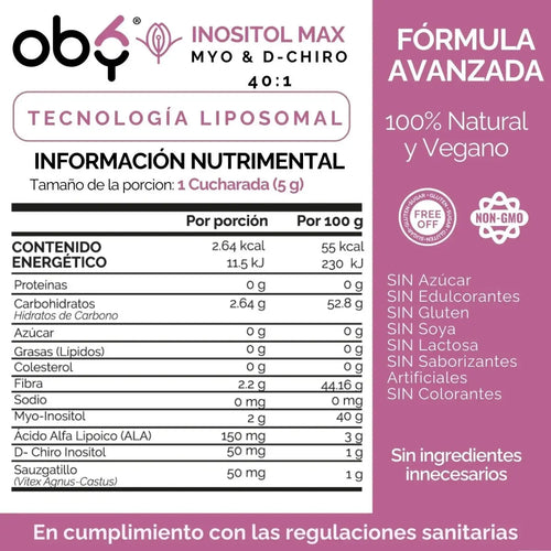 Oby Inositol Max LIPOSOMAL - Myo y D-Chiro Inositol Ratio 40:1 + Vitex Agnus Castus + Acido Alfa Lipoico + Prebioticos | Polvo oby.mx