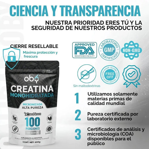 Creatina Monohidratada Micronizada Pura Polvo 500g oby.mx