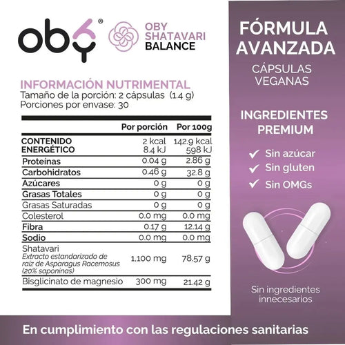 Shatavari 1400 mg con Magnesio Bisglicinato OBY | Extracto Estandarizado 20% Saponinas | 60 Cápsulas oby.mx