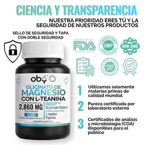 Glicinato de Magnesio con L-Teanina y Piperina | Bisglicinato Mineral Quelado + Aminoacido | 120 Capsulas OBY oby.mx