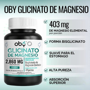 Glicinato De Magnesio | Bisglicinato Mineral Quelado + Piperina | Vitaminas Mujer y Hombre | 120 Capsulas oby.mx
