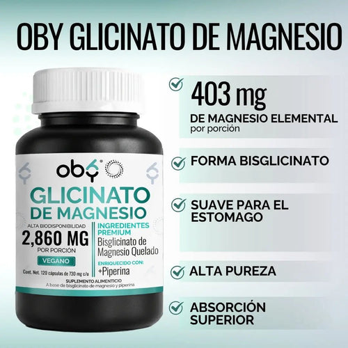 Glicinato De Magnesio | Bisglicinato Mineral Quelado + Piperina | Vitaminas Mujer y Hombre | 120 Capsulas oby.mx